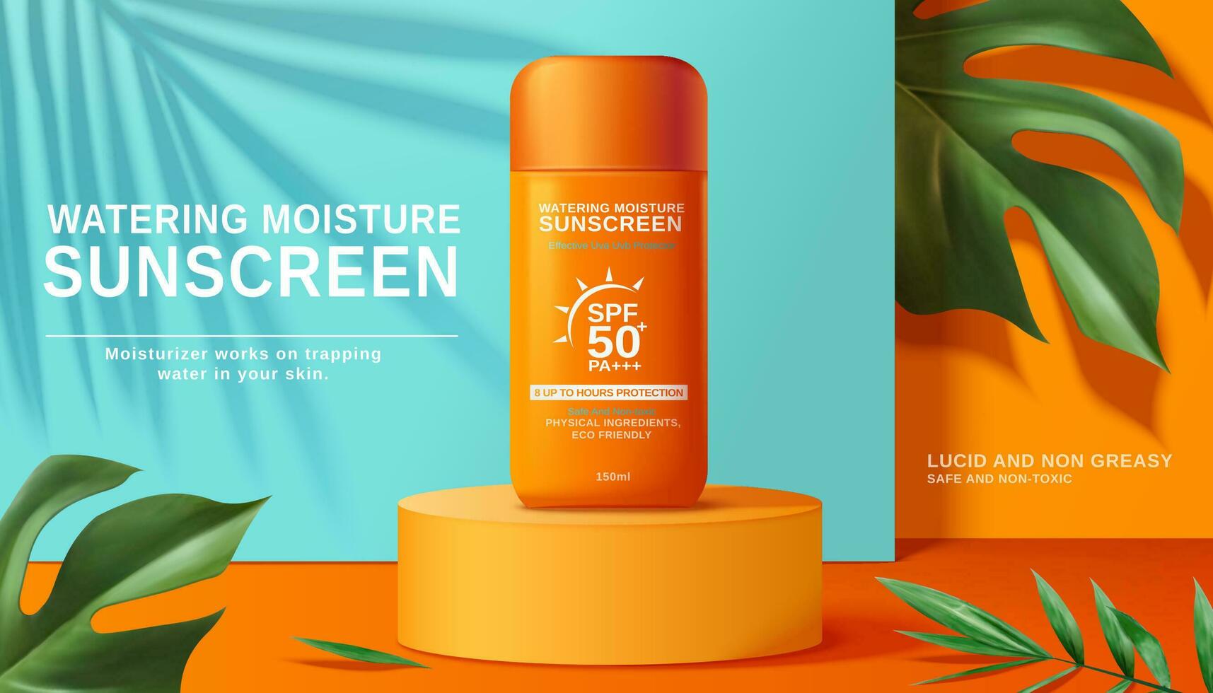 umidade protetor solar Publicidades em laranja cilindro com tropical plantas dentro 3d ilustração vetor