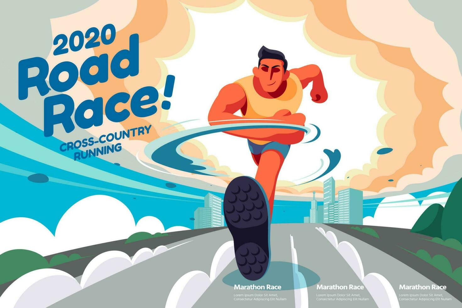 estrada raça evento ilustração com uma homem corrida frente dentro a cidade vetor