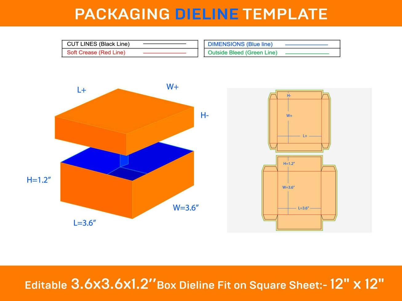 kraft embalagem caixa com tampas ou presentes caixa dieline modelo do 3,6x3,6x1,2 polegada vetor