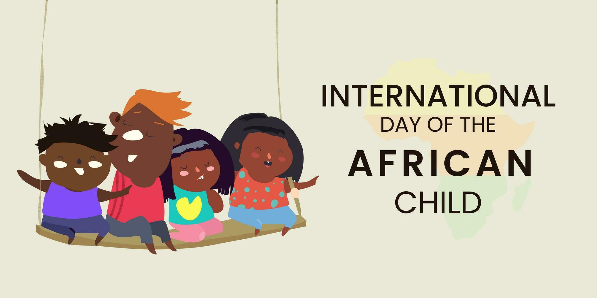 internacional dia do africano criança letras, decorado cumprimento com africano crianças jogando alegremente em a balanços. vetor