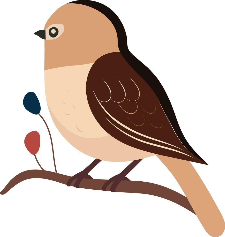 Castanho pássaro sentado em floral ramo ícone dentro plano estilo. vetor