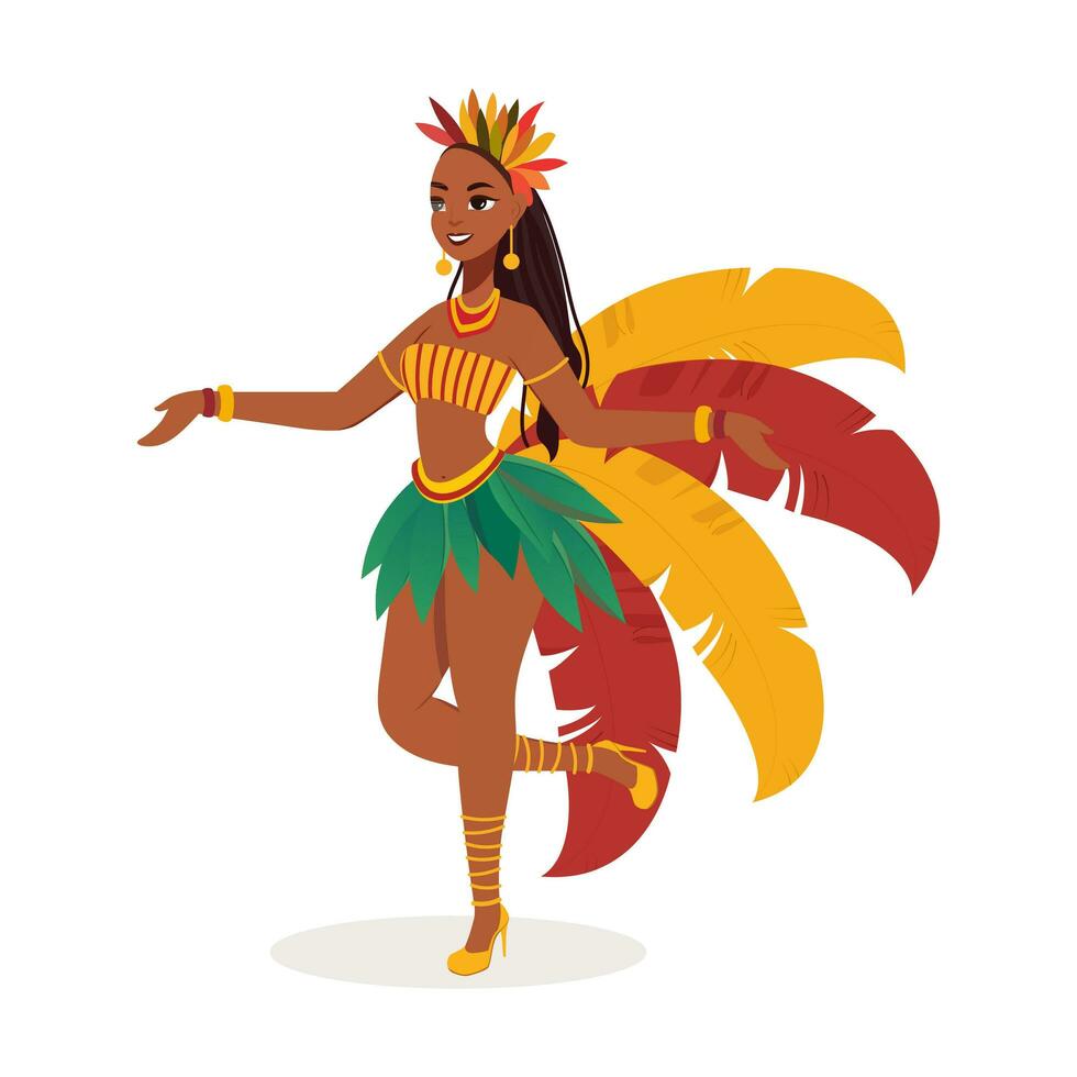 lindo jovem fêmea vestindo pena traje dentro dançando pose. carnaval ou samba dança conceito. vetor
