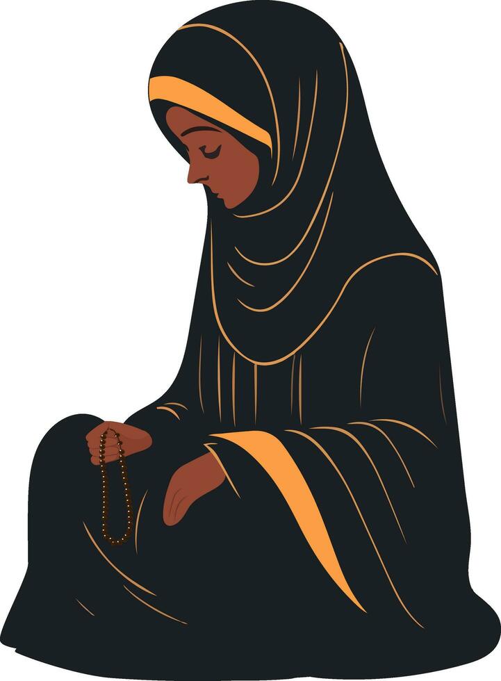 jovem muçulmano mulher personagem segurando tasbih dentro sentado pose. vetor