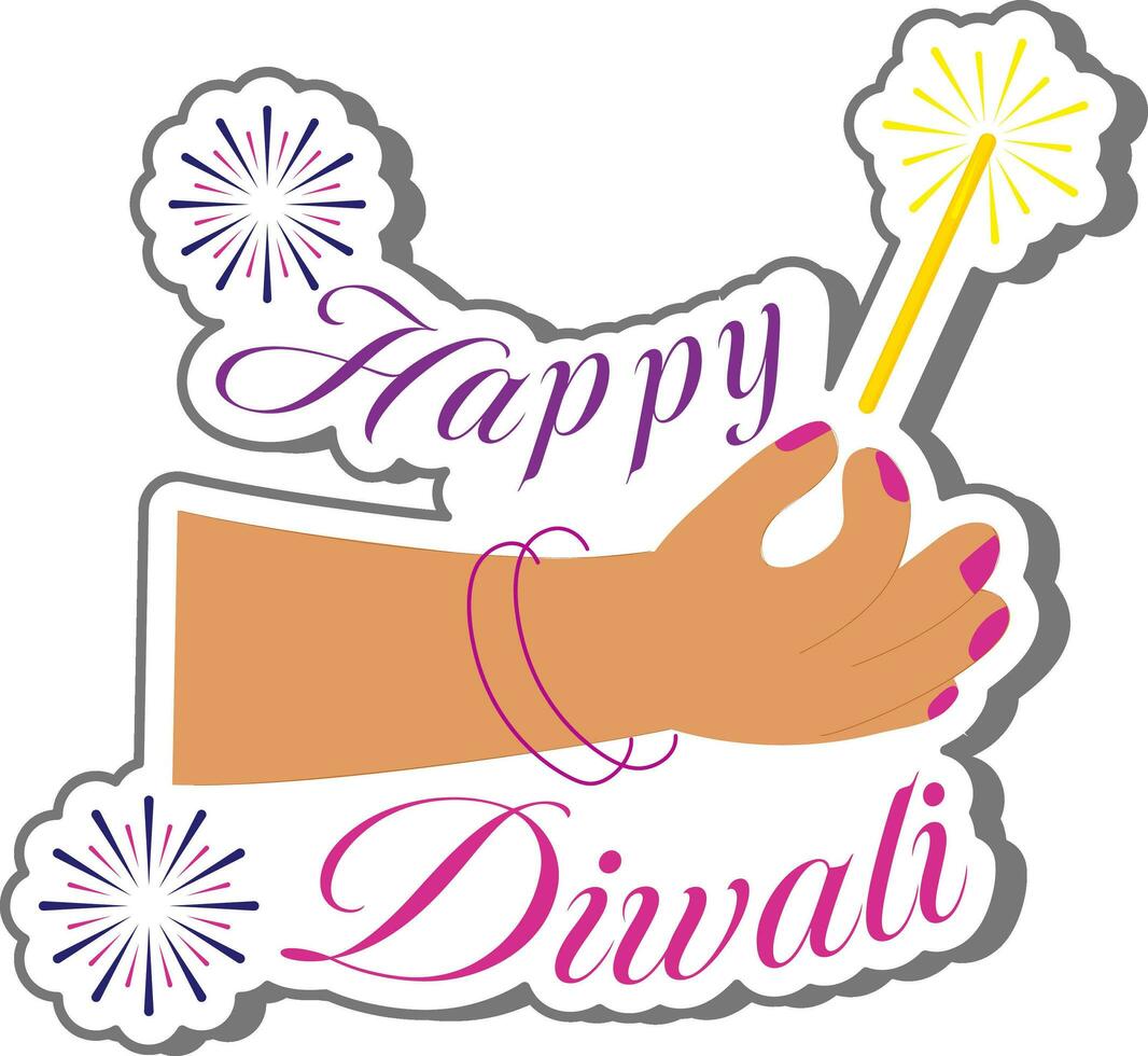 adesivo estilo indiano mulher segurando espumante bastão mão para feliz diwali celebração. vetor