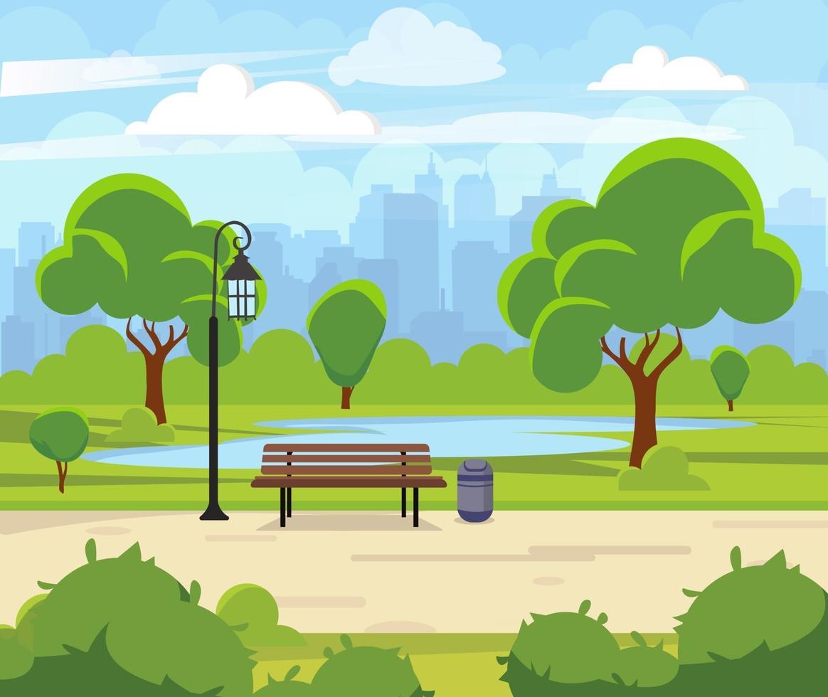 cidade parque de verão com árvores verdes banco de cidade e cidade parque paisagem natureza cartoon ilustração vetorial vetor