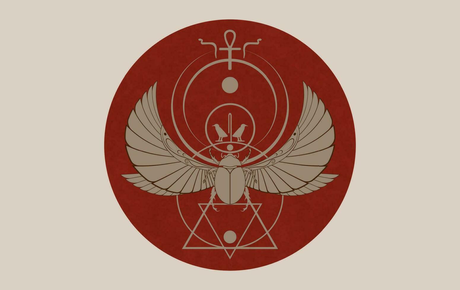 egípcio sagrado escaravelho parede arte projeto, alado besouro. vetor ilustração logotipo, personificando a Deus khepri. símbolo do a antigo egípcios. vermelho círculo isolado em vintage fundo