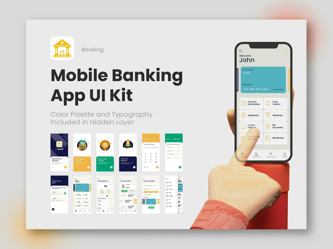 Móvel bancário aplicativo ui kit para responsivo local na rede Internet com diferente Conecte-se telas Incluindo Conecte-se, crio conta, transação, fundo transferir e serviço detalhe. vetor