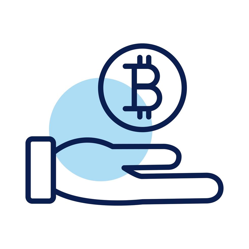 ícone de estilo de linha de criptomoeda bitcoin levantamento de mão vetor