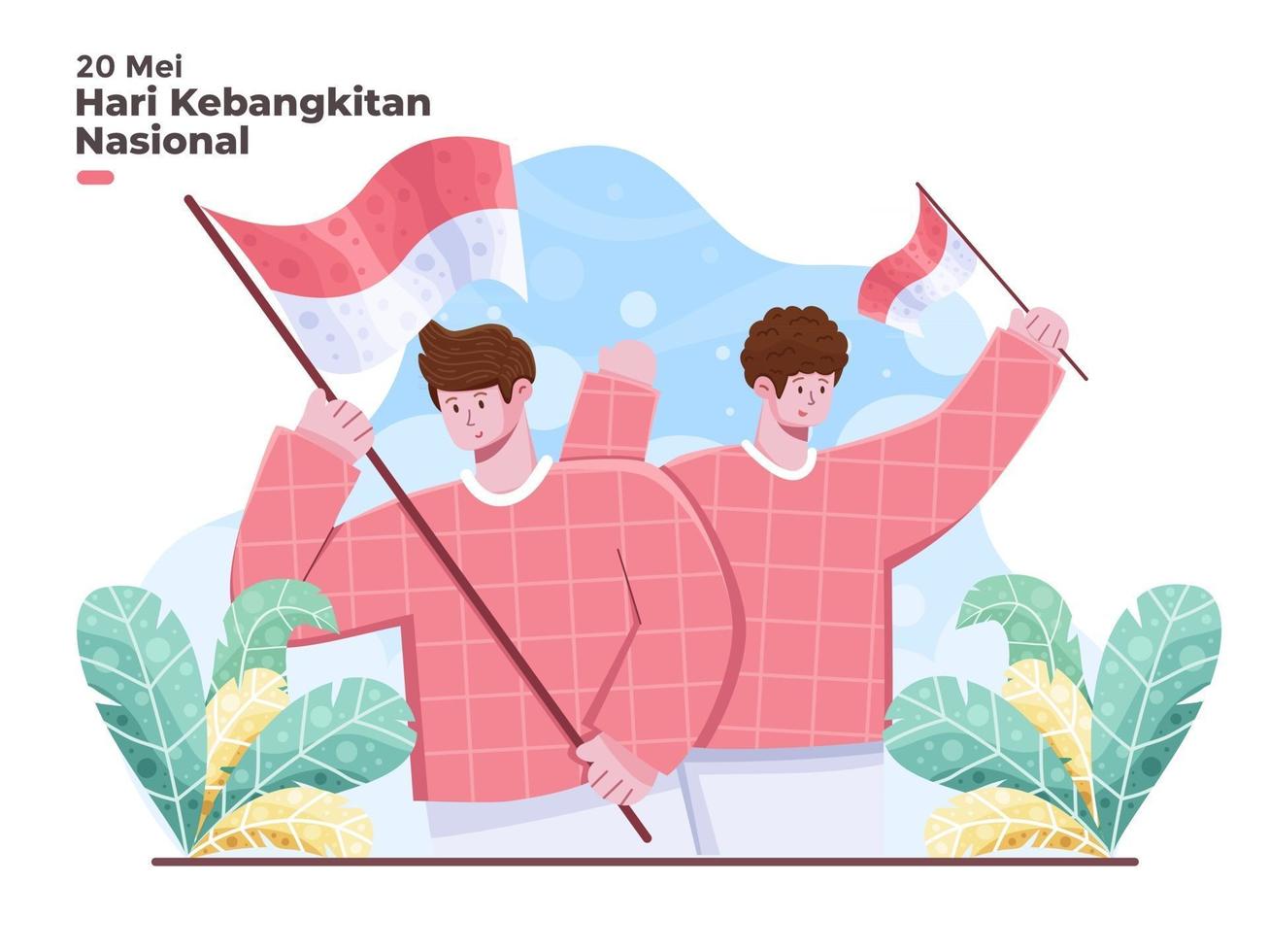 dia nacional do despertar da Indonésia em 20 de maio ilustração com pessoas segurando a bandeira nacional da Indonésia 10 mei memperingati hari kebangkitan nasional indonésia vetor