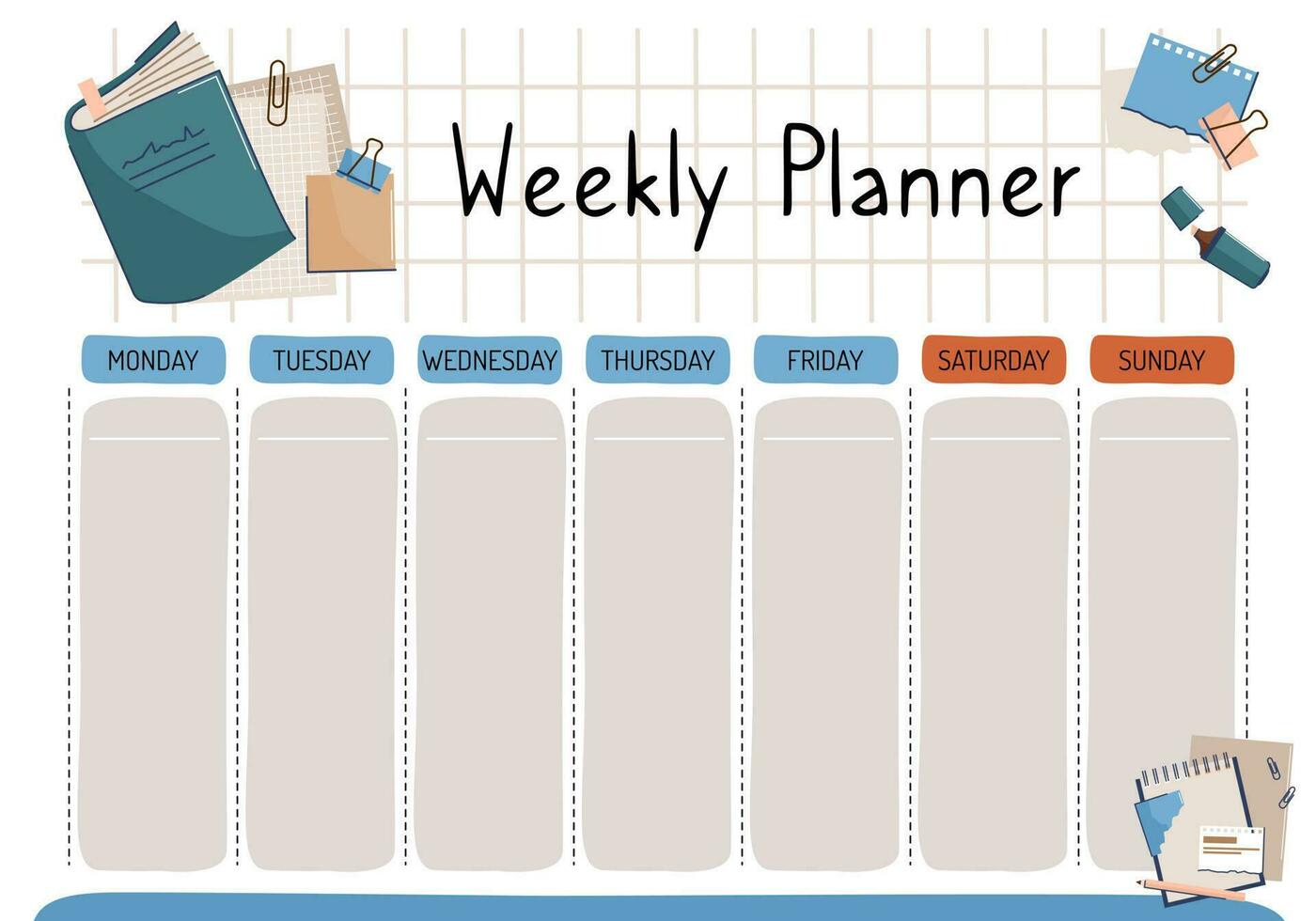 uma semanal diário para uma estudante. semanalmente, desejo lista, façam Lista dentro desenho animado plano estilo com uma livro. uma conjunto do digital imprime. vetor