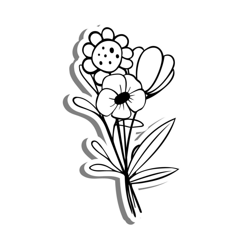 pequena arte de linha de buquê. flor, folhas e pólen na silhueta branca e sombra cinza. ilustração vetorial para decoração ou qualquer projeto. vetor