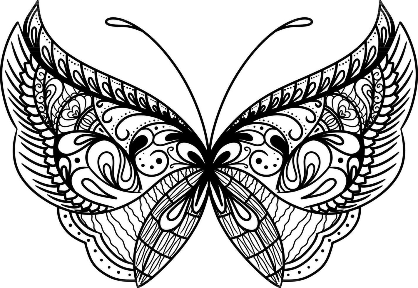 monocromático étnico borboleta mandala Projeto. antiestresse coloração página para adultos. mão desenhado Preto e branco vetor ilustração