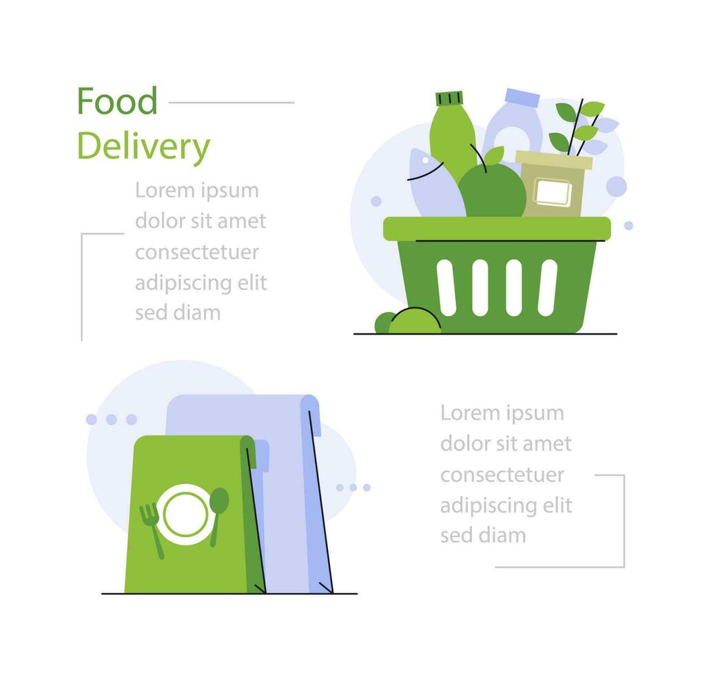 cesta de compras completa, oferta especial de supermercado, compra e entrega de alimentos, conceito de consumo vetor