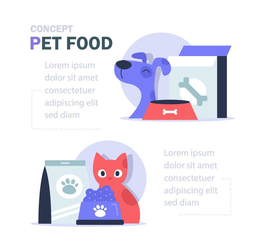 animal comida, individual alimentação taças com Comida para cachorros e gatos, animais de estimação fazer compras vetor