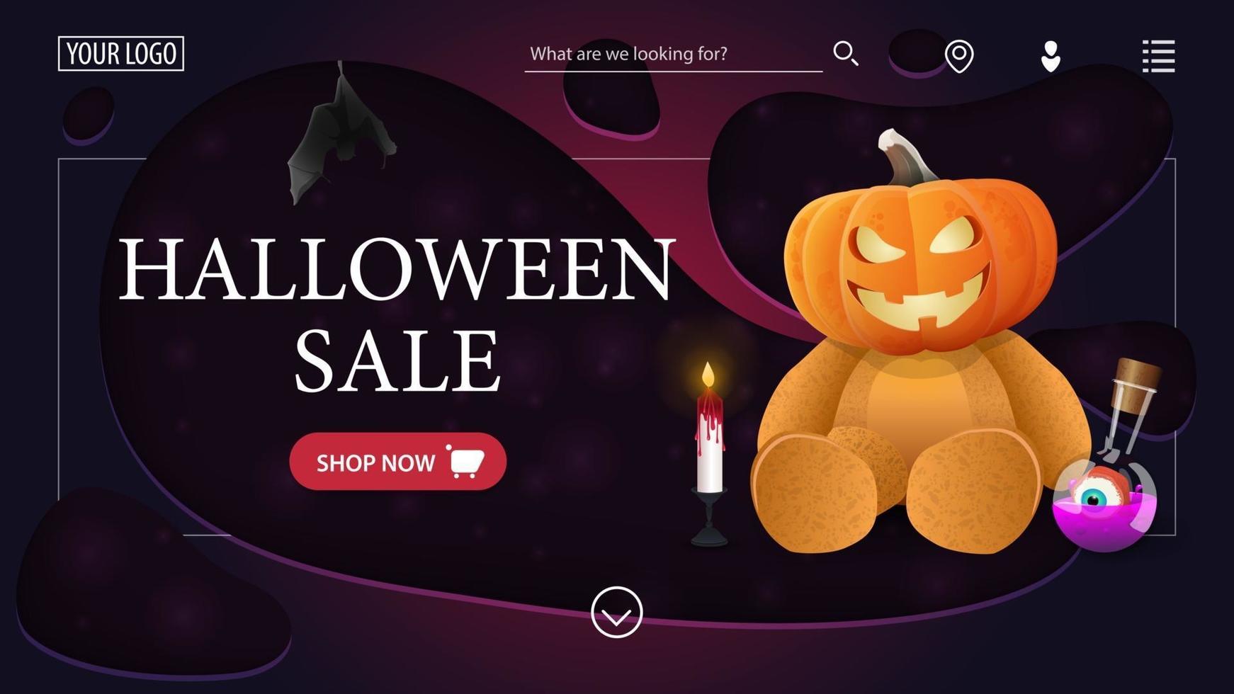 modelo de venda de halloween a página principal do site com o banner de desconto ursinho de pelúcia com cabeça de abóbora vetor