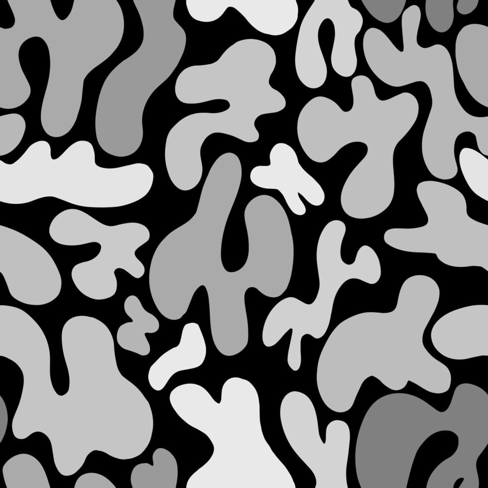 padrão abstrato de manchas brancas e cinzas em um fundo preto. um padrão simples de manchas. círculos, ovais, formas. estilo abstrato, design para tecido, têxtil, papel. ilustração vetorial. vetor