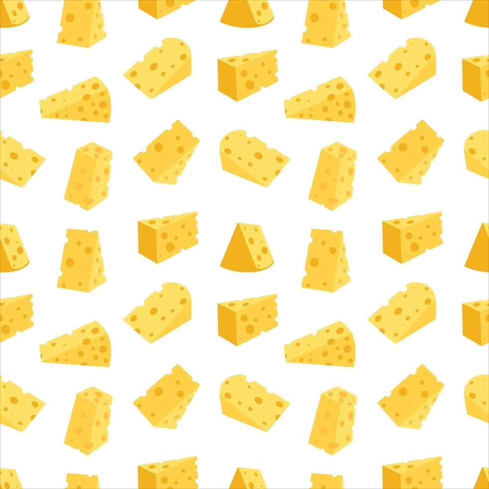 padrão sem emenda de queijo. pedaços de queijo amarelo, isolados em um fundo branco. pedaços de queijo de várias formas. ilustração em vetor plana