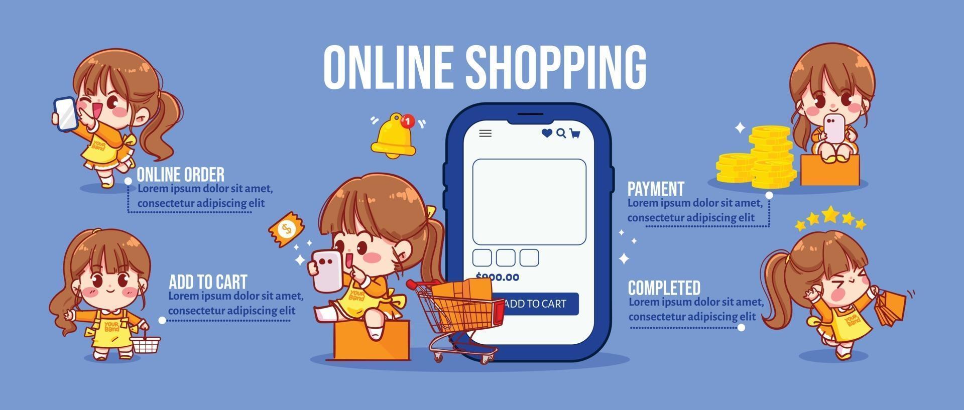 linda garota no conceito de compras online infográfico cartoon arte ilustração vetor