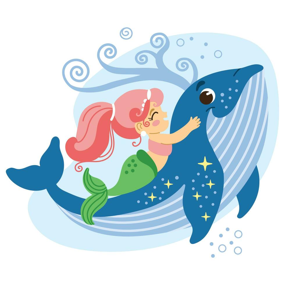 fofa desenho animado Rosa cabelos sereia com uma baleia vetor ilustração