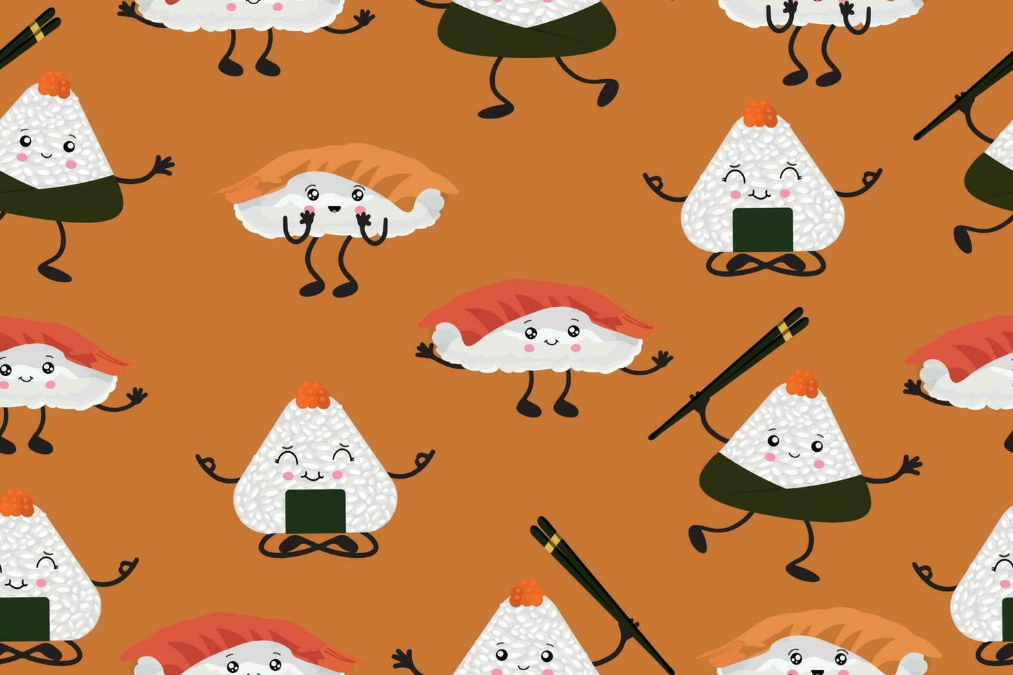 desatado padronizar do Sushi e onigiri. diverso ásia cozinha com kawaii emoções. vetor ilustração dentro desenho animado estilo. vetor