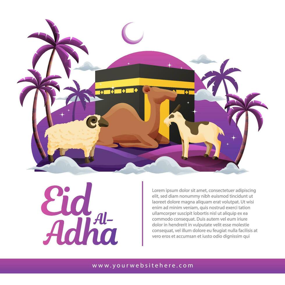 eid al adha social meios de comunicação bandeira modelo com sacrifício animal Palma árvore crescente lua e kaaba fundo vetor