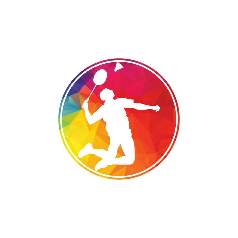 jogador de badminton apaixonado moderno em logotipo de ação - esmagamento de momento vencedor apaixonado. abstrato profissional jovem atleta de badminton em pose apaixonada. vetor