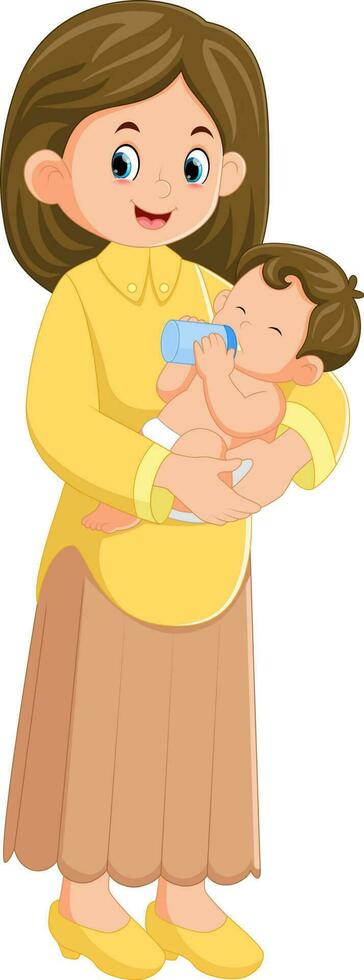 uma feliz mãe é segurando dela bebê Garoto e alimentando ele uma garrafa vetor