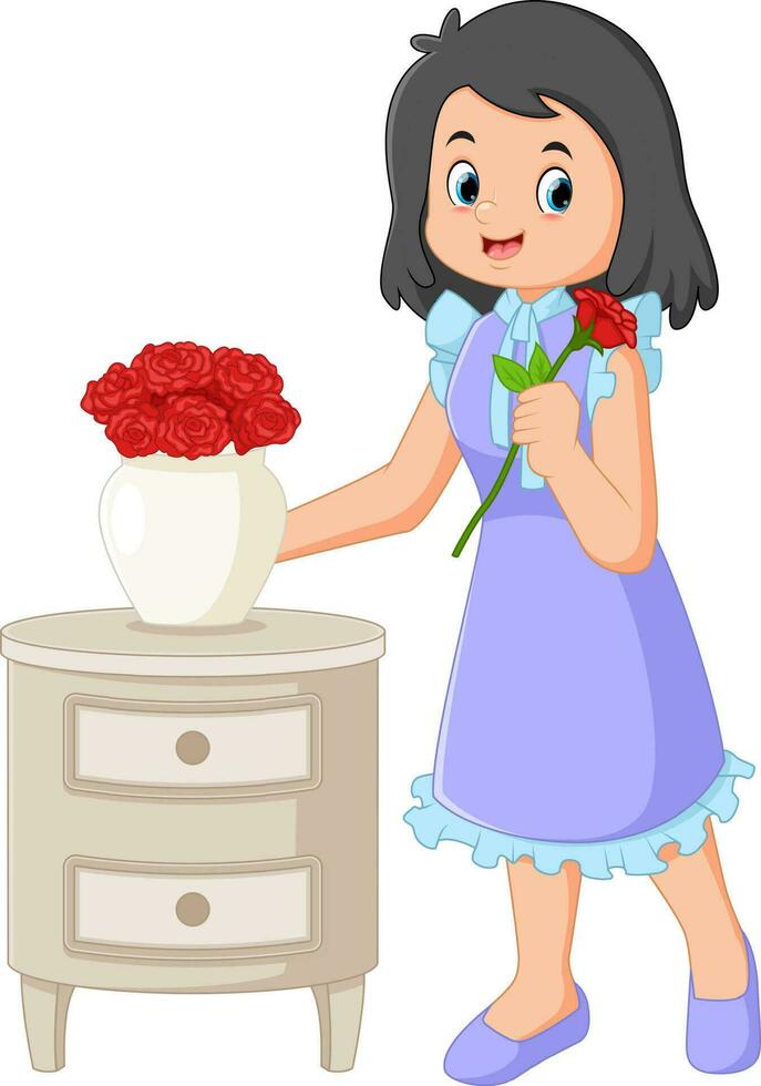 uma jovem mulher traz vermelho rosas para colocar dentro uma vaso vetor