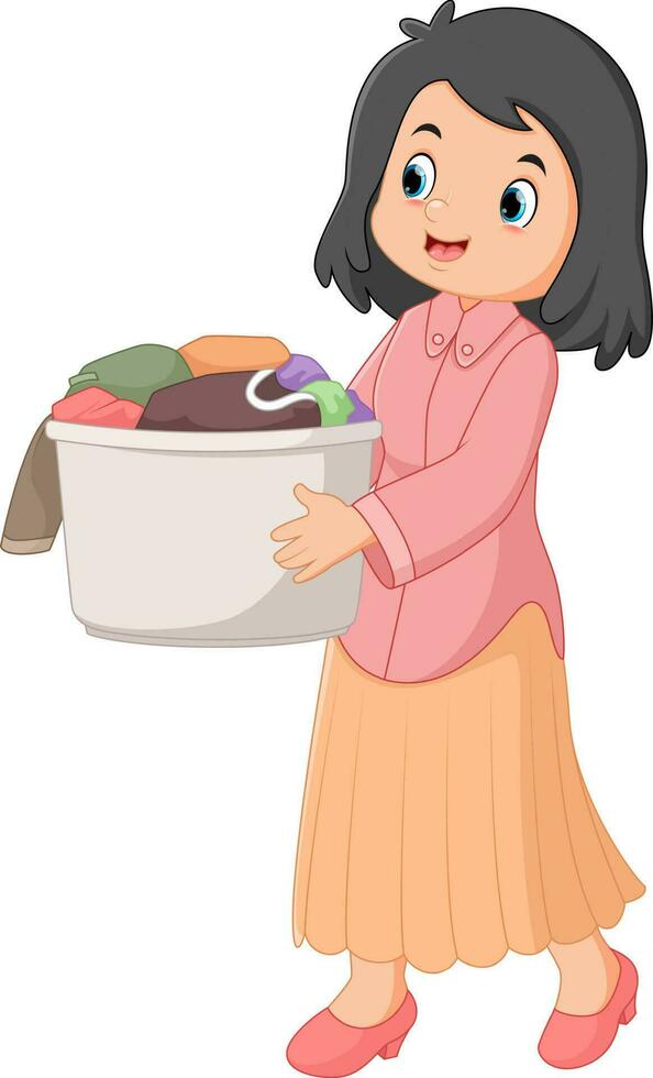 uma mãe segurando ampla cesta com sujo roupas vetor