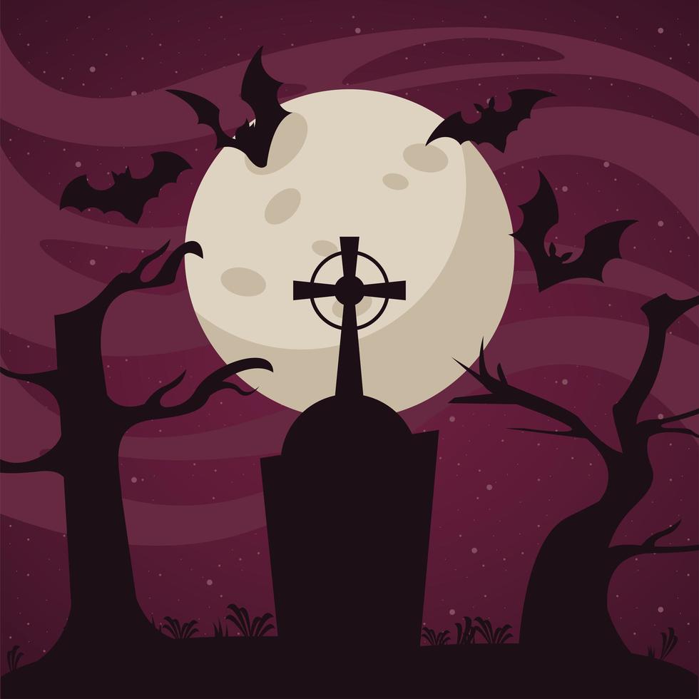 cartão de feliz festa de halloween com morcegos voando no cemitério vetor