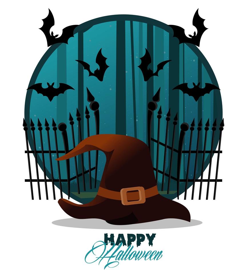 cartão de celebração de feliz dia das bruxas com chapéu de bruxa e morcegos voando cena vetor