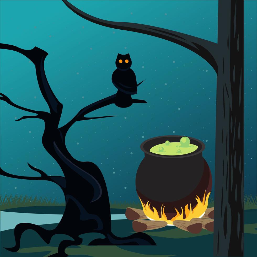 cartão de celebração de feliz dia das bruxas com cena do caldeirão e coruja vetor