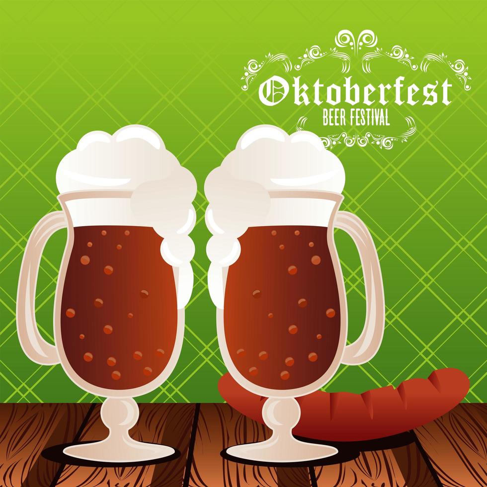 pôster do festival de celebração da oktoberfest com copos de cerveja e salsicha vetor