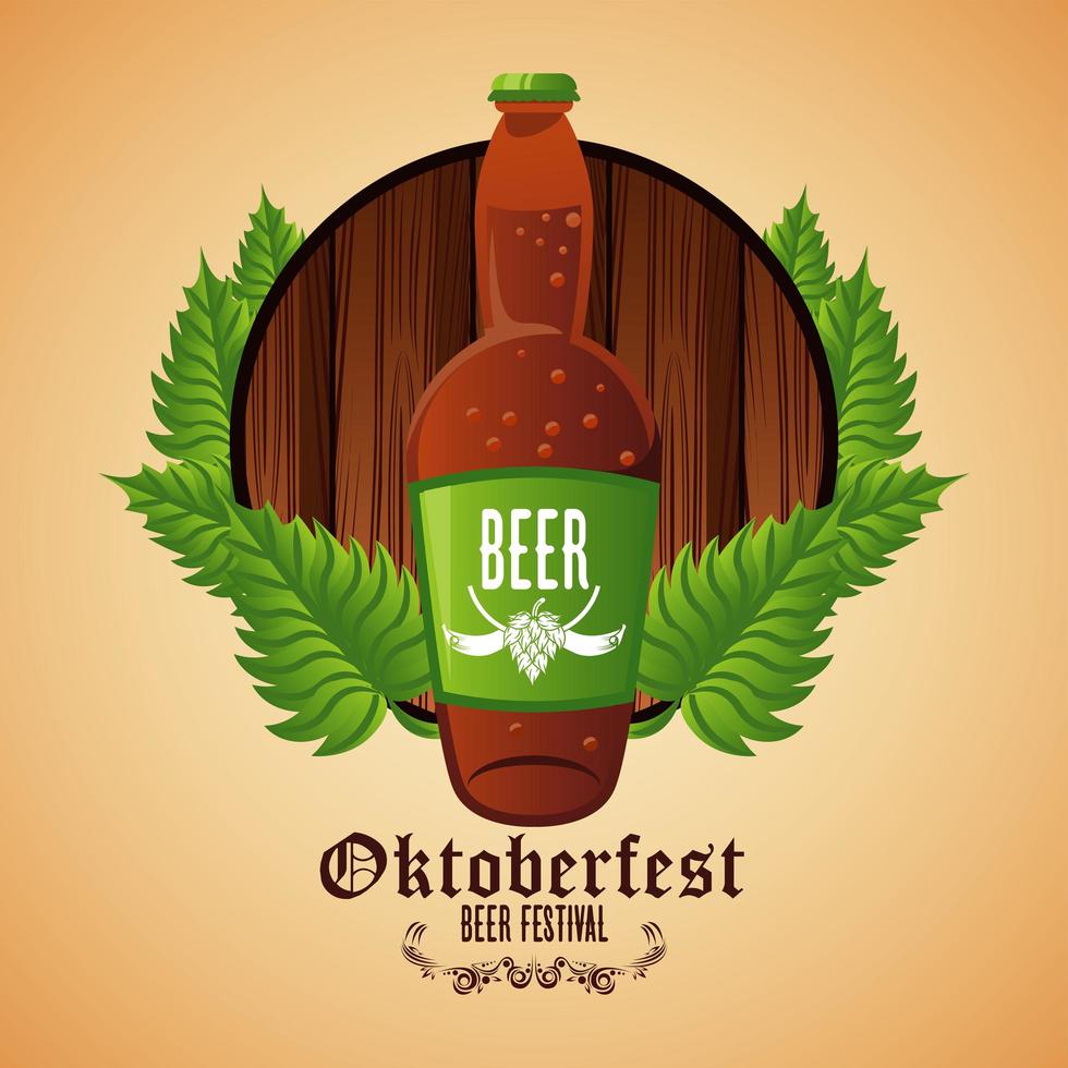 cartaz do festival de celebração da oktoberfest com garrafa de cerveja em moldura de madeira vetor