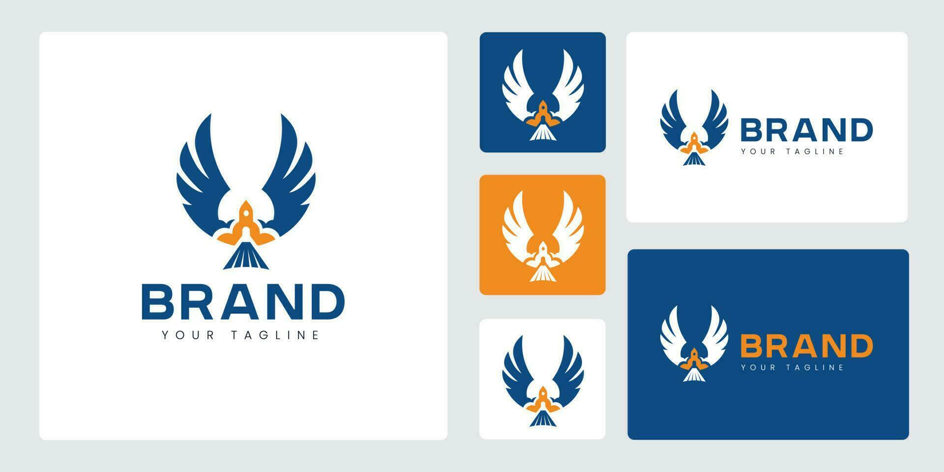 foguete logotipo conjunto com pássaro asas azul e laranja adequado para camiseta tela impressão, companhia logotipos, etc. vetor
