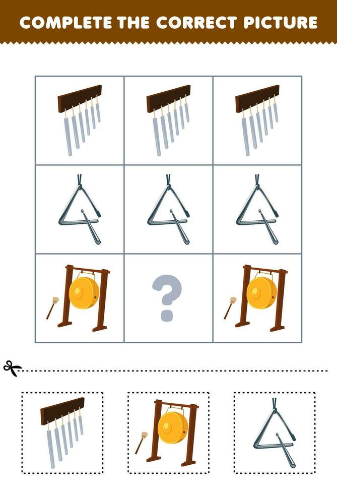 Educação jogos para crianças para escolher e completo a corrigir cenário do uma fofa desenho animado carrilhões gongo ou triângulo imprimível música planilha vetor