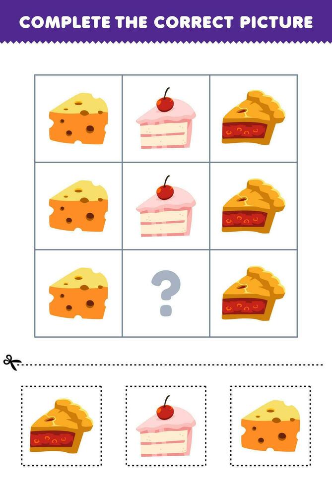 Educação jogos para crianças para escolher e completo a corrigir cenário do uma fofa desenho animado torta bolo ou queijo imprimível Comida planilha vetor