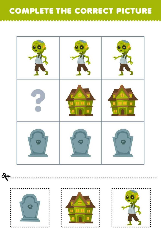 Educação jogos para crianças para escolher e completo a corrigir cenário do uma fofa desenho animado lápide assustador casa ou zumbi imprimível dia das Bruxas planilha vetor