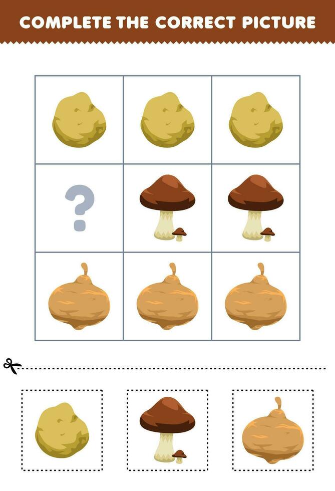 Educação jogos para crianças para escolher e completo a corrigir cenário do uma fofa desenho animado batata cogumelo ou jicama imprimível vegetal planilha vetor