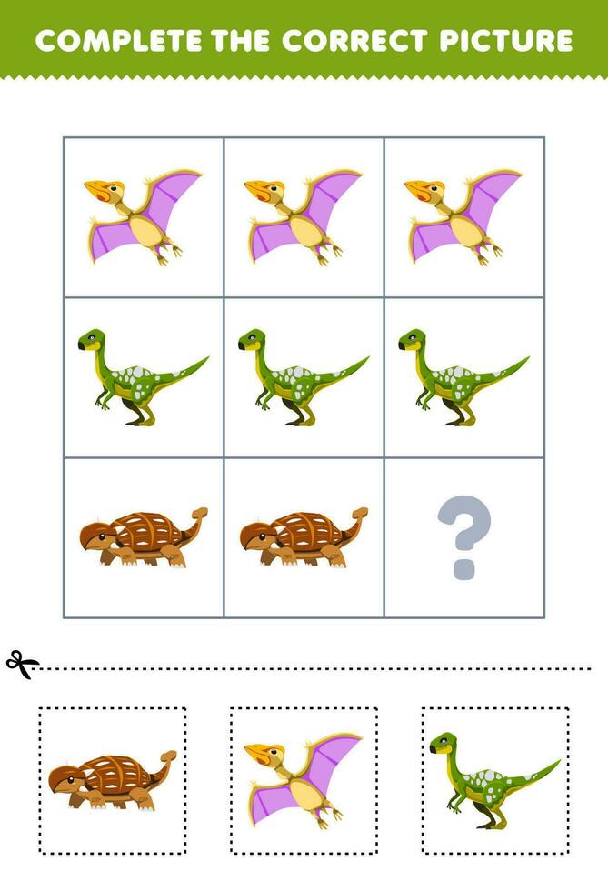 Educação jogos para crianças para escolher e completo a corrigir cenário do uma fofa desenho animado anquilossauro quetzalcoatlus ou xiaosaurus imprimível dinossauro planilha vetor