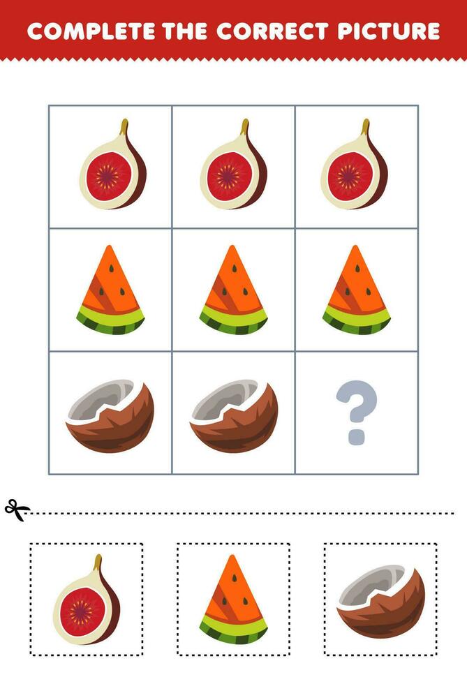 Educação jogos para crianças para escolher e completo a corrigir cenário do uma fofa desenho animado FIG Melancia ou coco imprimível fruta planilha vetor