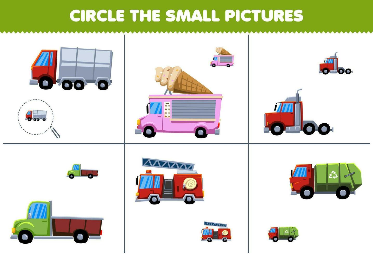 Educação jogos para crianças círculo a pequeno cenário do fofa desenho animado caminhão imprimível transporte planilha vetor
