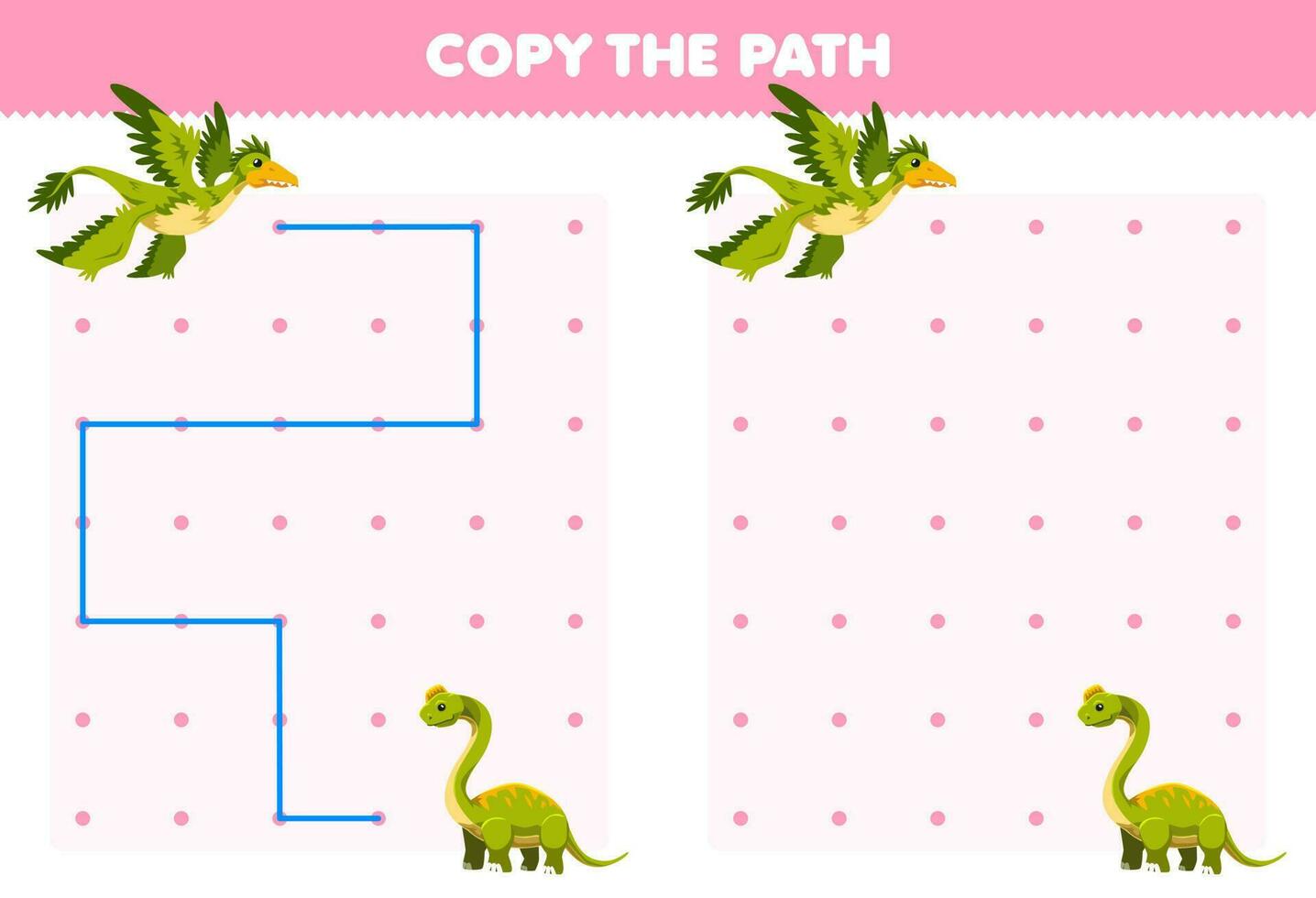 Educação jogos para crianças cópia de a caminho Socorro microraptor mover para a ultrassauro imprimível pré-histórico dinossauro planilha vetor