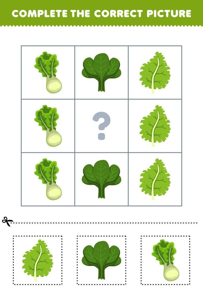 Educação jogos para crianças para escolher e completo a corrigir cenário do uma fofa desenho animado couve espinafre ou alface imprimível vegetal planilha vetor