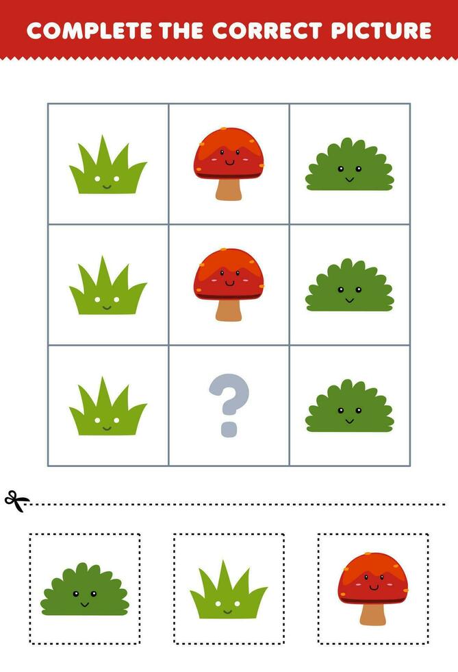 Educação jogos para crianças para escolher e completo a corrigir cenário do uma fofa desenho animado Relva escova ou cogumelo imprimível natureza planilha vetor