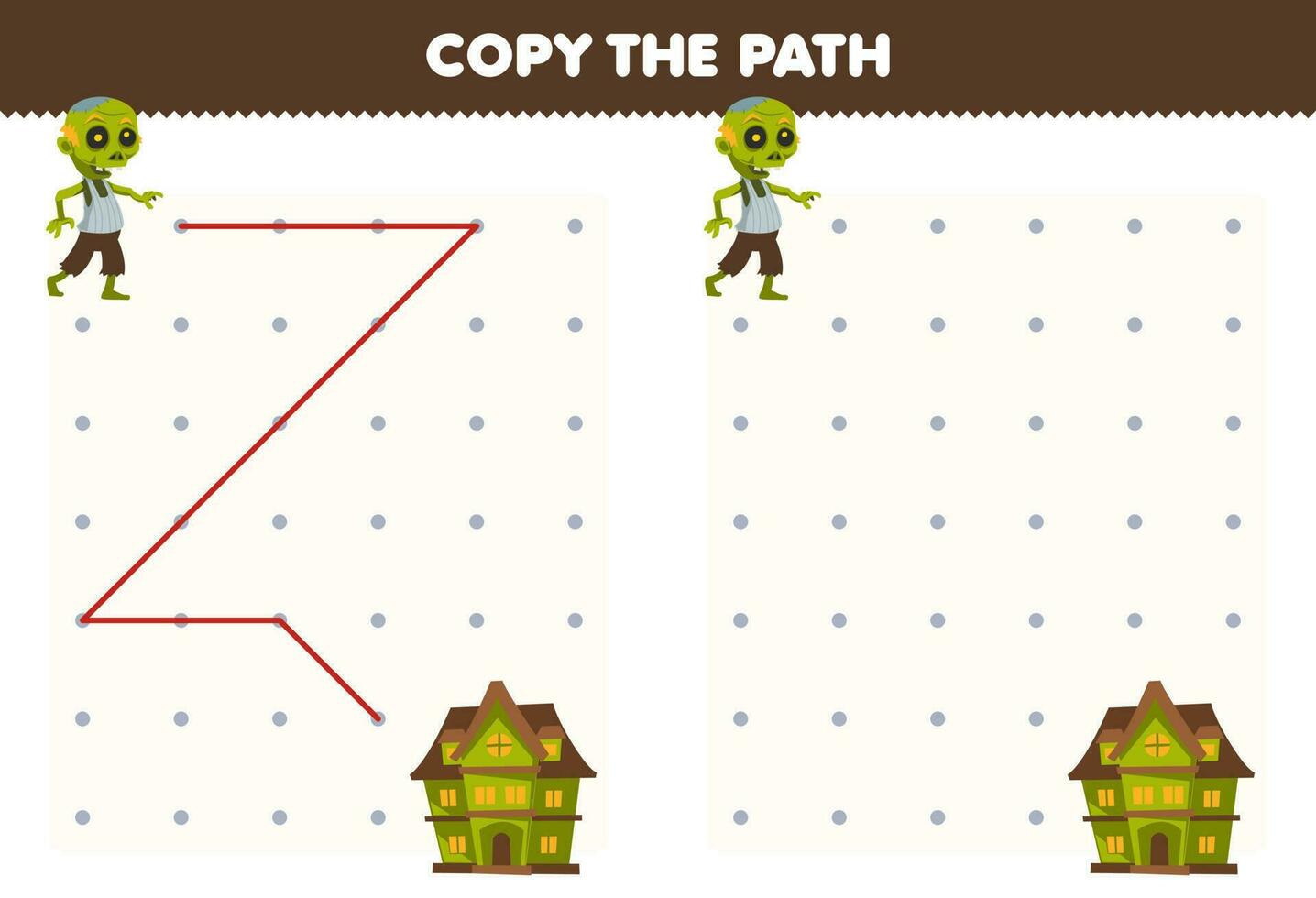 Educação jogos para crianças cópia de a caminho Socorro zumbi mover para a assustador casa imprimível dia das Bruxas planilha vetor