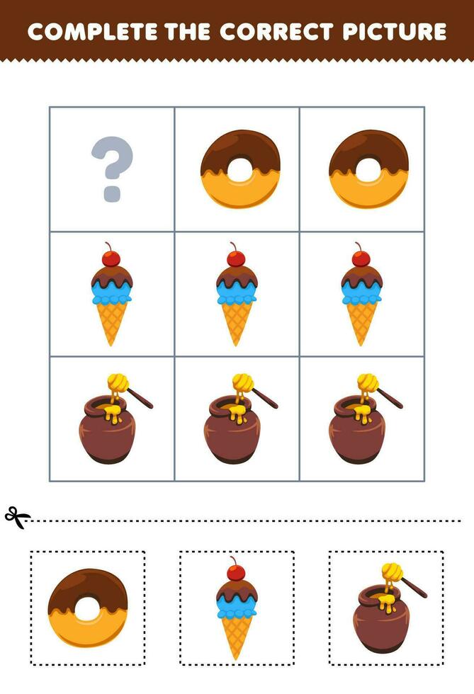 Educação jogos para crianças para escolher e completo a corrigir cenário do uma fofa desenho animado rosquinha gelo creme ou querida imprimível Comida planilha vetor
