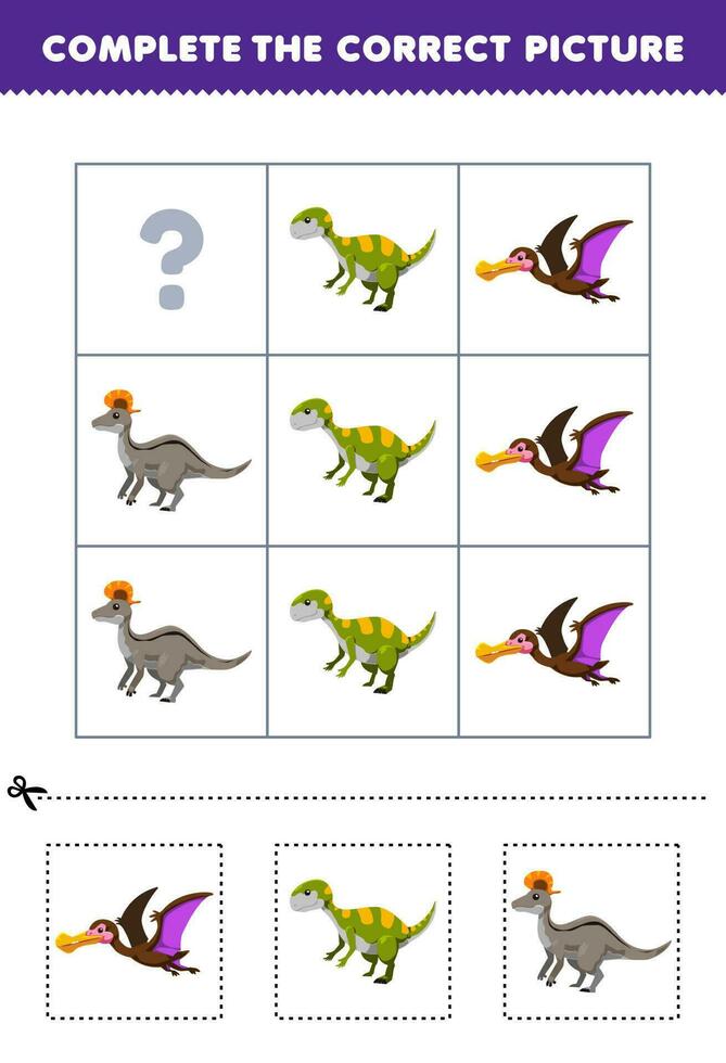 Educação jogos para crianças para escolher e completo a corrigir cenário do uma fofa desenho animado ornithoceirus fukuissauro ou lambeossauro imprimível dinossauro planilha vetor