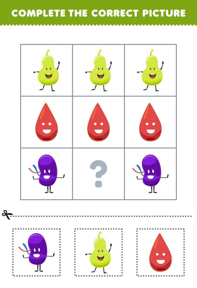 Educação jogos para crianças para escolher e completo a corrigir cenário do uma fofa desenho animado bexiga baço ou sangue imprimível anatomia planilha vetor