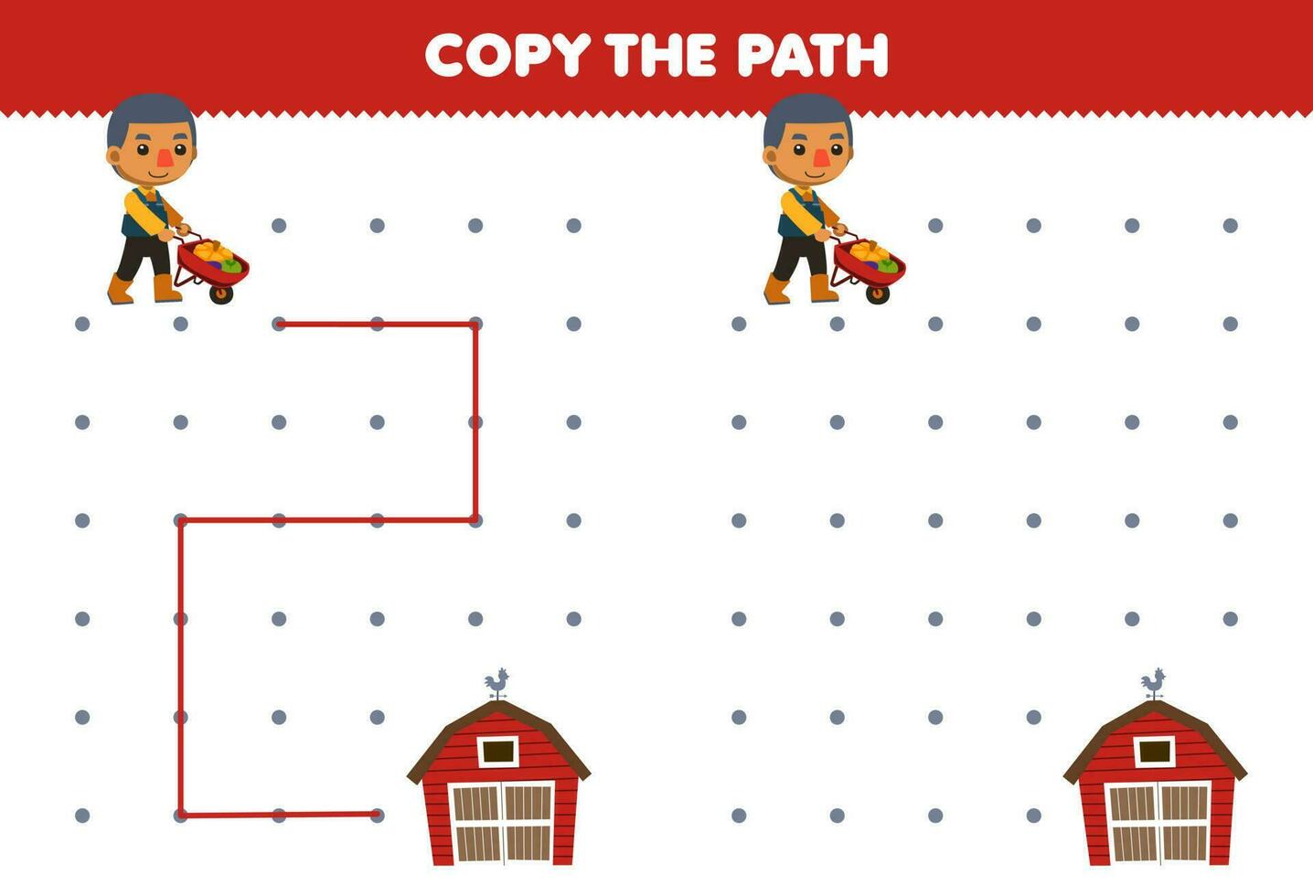 Educação jogos para crianças cópia de a caminho Socorro agricultor Garoto mover para a celeiro imprimível Fazenda planilha vetor